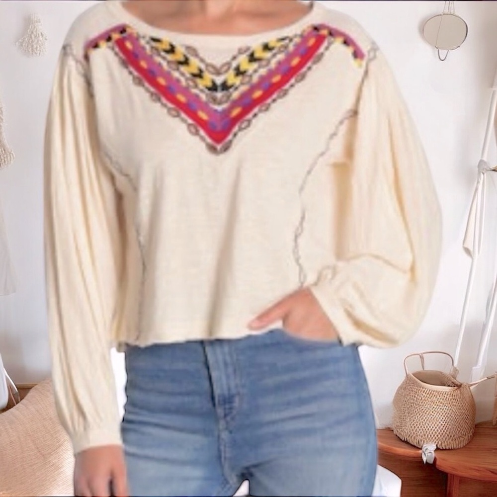 Free People Cream Embroidered V-Neck Peasant Top with Pink and Yellow Accents